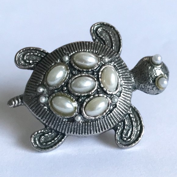 Vintage Turtle Cocktail Ring Silver Tone Adjustable Size 7 8 9 Sea Life Pearl - Picture 6 of 11